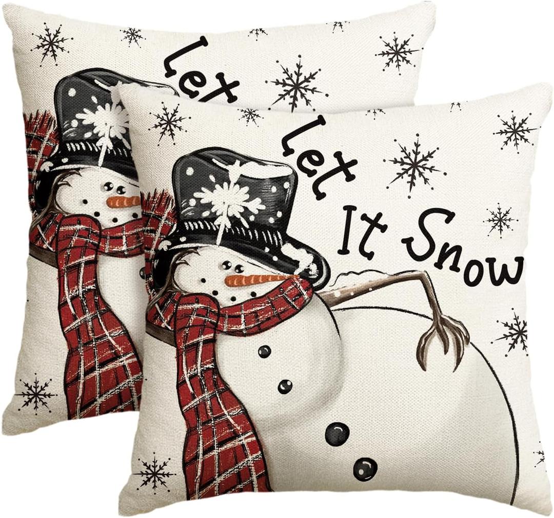 AVOIN colorlife Christmas Let It Snow Snowman Snowflake Throw Pillow Covers Set of 2, 18 x 18 Inch Winter Holiday Cushion Case Decoration for Sofa Couch