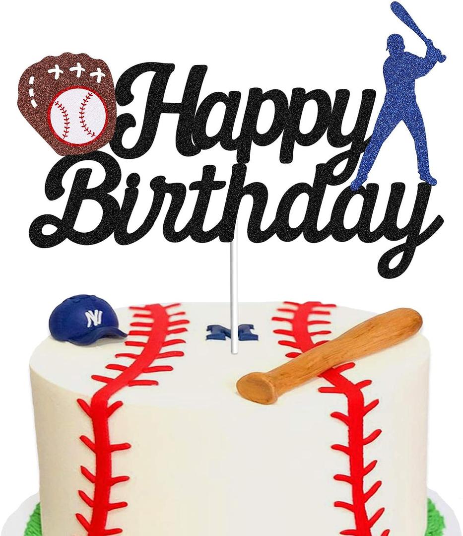 Baseball Theme Cake Topper - Happy Birthday Cake Topper for Birthday/Baseball/Sports Party Theme Decoration (Black Glitter)