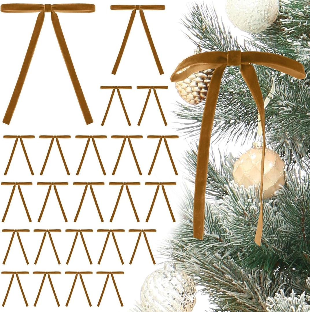 2 x 24 PCS Velvet Christmas Bows for Christmas Tree 5" x 7" Rustic Crafts Gift Velvet Ribbon Bows Twist Tie Bows for Xmas Wreaths Garland (Khaki)