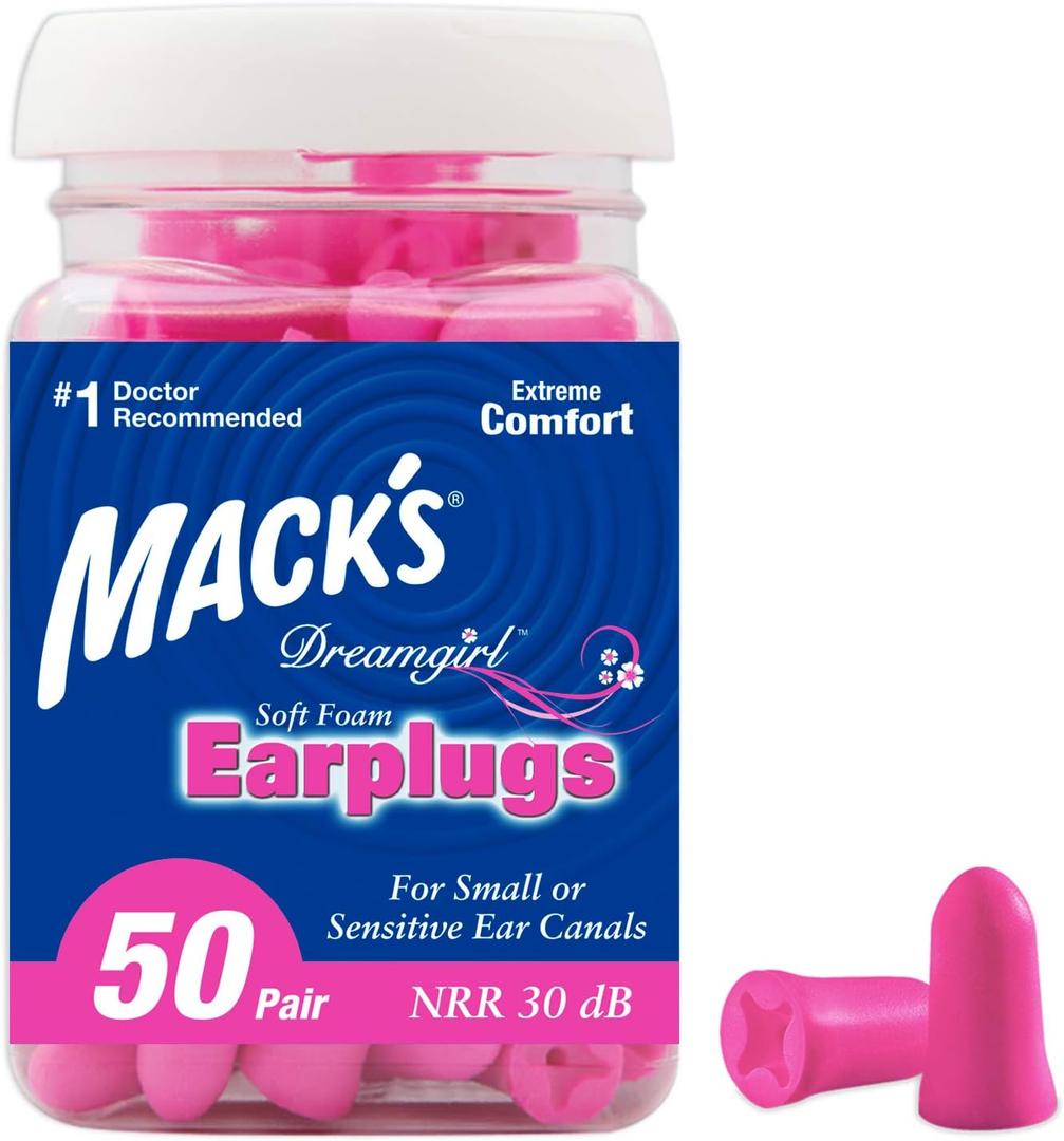Mack's Dreamgirl Soft Foam Earplugs, 50 Pair, Pink - 30dB NRR, 33dB SNR - Small Ear Plugs for Sleeping, Snoring, Studying, Loud Events, Traveling & Concerts