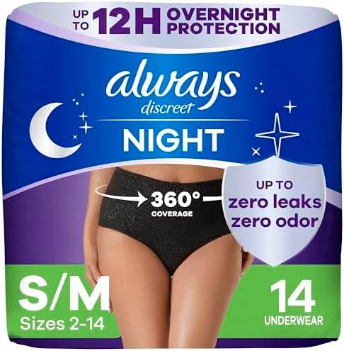 Always Discreet Adult Incontinence Overnight Underwear for Women, Small/Medium, Up to 100% Bladder Leak Protection, 11 Count
