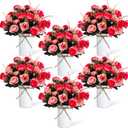 Domensi 6 Sets Valentine's Day Centerpiece for Table Artificial Rose with Vase Fake Bouquets and Metal Pot Floral Arrangements for Wedding Holiday Party Event Table Decor (Rose Red)