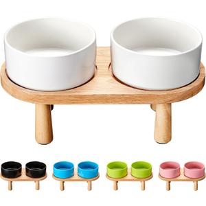 Ceramic Elevated Dog Bowls, 8.0inch Pet Food and Water Bowl Set for Large Dogs, 7.5 Cups Dog Bowls Raised with Wood Stand, 61OZ, White