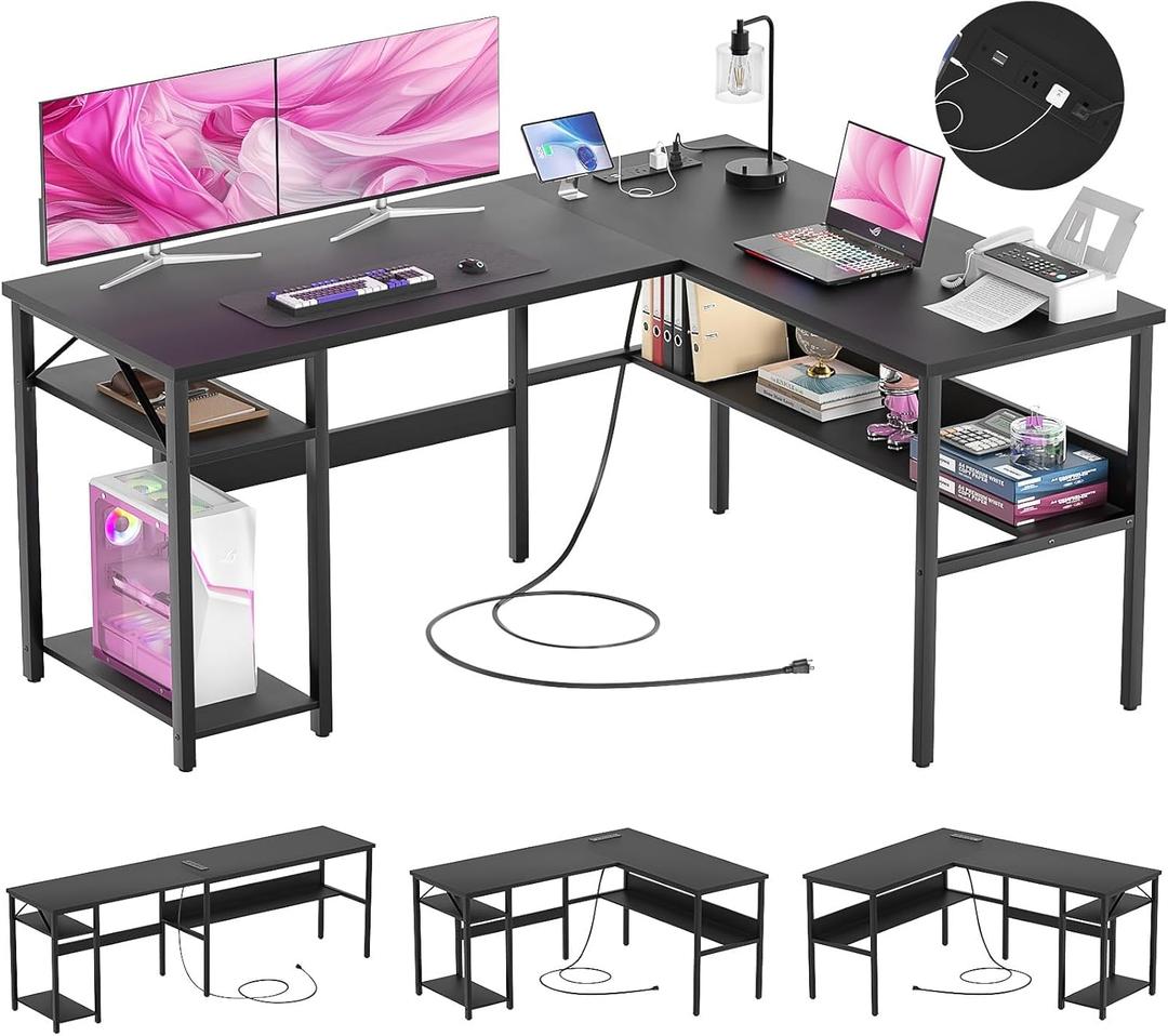 Reversible L Shaped Computer Desk with Power Outlets and USB Charging Ports, Sturdy Corner Desk with Storage Shelf, Modern Work Gaming Table for Home Office, Easy to Assemble, Black (L Shaped Desk)