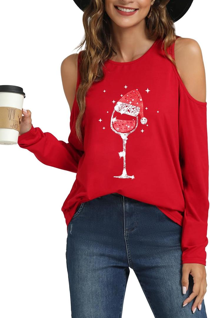 LYHNMW Women's Sexy Off Shoulder Long Sleeve Christmas Letter Print T-Shirt Tunic Tops Holiday Merry Xmas Hoodie (Red, XXL)