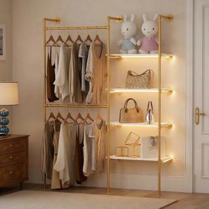 Industrial Pipe Clothes Racks with LED Lights& Shelves, Heavy Duty Adjustable Garment Hanger with Shelves, 2 Installation Methods Closet Storage System for Wardrobe Organization,Gold