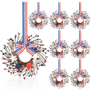 6 PCS Small Patriotic Wreath Mini 4th of July Wreaths for Kitchen Cabinets Farmhouse Artificial Red White Blue Stars Memorial Day Windows Wreaths for Independence Day Porch Wall Decor
