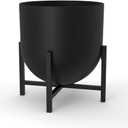 Olly & Rose Plant Pot with Plant Stand - Metal Plant Pots Indoor Planter 22cm Large Flower Pot (Black)