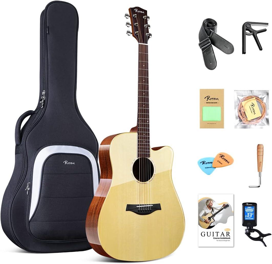 Rosen G31 Dreadnought Acoustic Guitar Soild Spruce Top 41 Inch Guitarra Full Size Cutaway with Gloss Finish Bundle Starter Kit with Gig Bag, Strings, Strap, and Picks, Natural