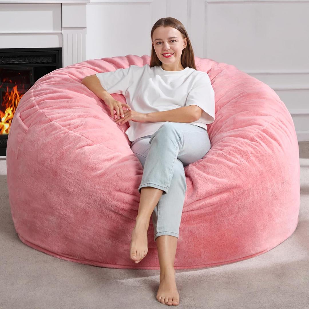 Hobestluk 5ft Bean Bag Chairs for Adults Large Beanbag Chair with Plush Faux Fur Cover Big Bean Bag Chair for Living Room Bedroom Dorm Office - Pink (50 x 50 x 24)