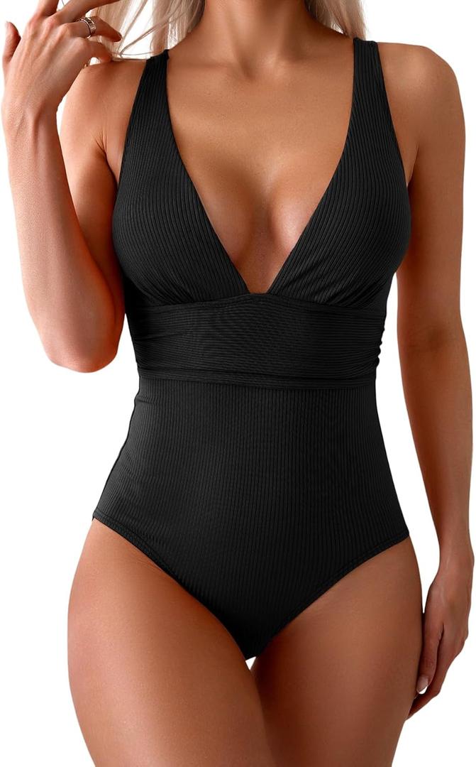 Eomenie Women's One Piece Swimsuit Tummy Control Bathing Suit V Neck Slimming 1 Piece Swimwear (Black Ribbed) S