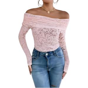 Womens Off Shoulder Lace Ruched Tops Long Sleeve Slim Fit Blouses Shirts 2026 Going Out T-Shirt (Medium, Pink)