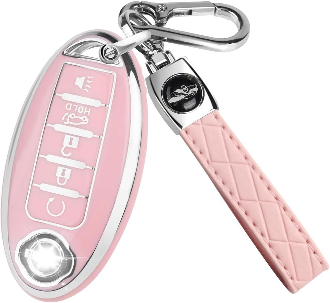 QBUC for Nissan Key fob Cover,Soft TPU 360Car Key Case Protector with Keychain Compatible with Altima Sentra Rogue Pathfinder Murano Armada Maxima Versa ect 5 Buttons Smart Keys(Pink)