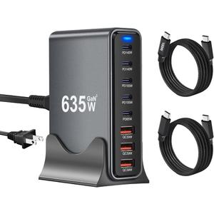 635W GaN Super Fast Charging Station for Multiple Devices, 8-Port USB C Charging Station with PD3.1 140W & QC4.0, 5 USB-C + 3 USB-A Desktop Charger for MacBook, iPhone, iPad, Laptop, Tablet