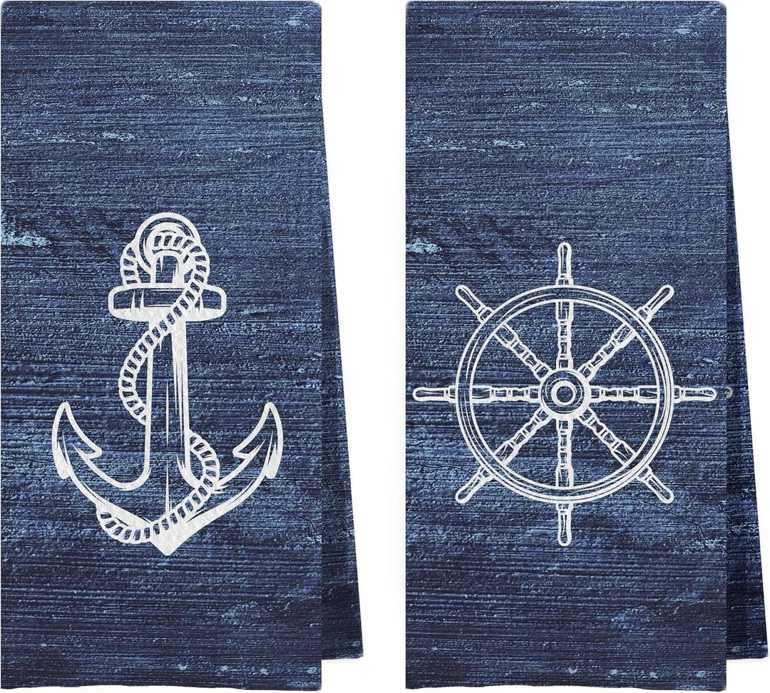 Navy Nautical Dish Towels Set - Nautical Waffle Weave Hand Towels for Bathroom, Nautical Kitchen Tea Towels, Ocean Themed Navy Blue Hand Towels (16x24 Set of 2)