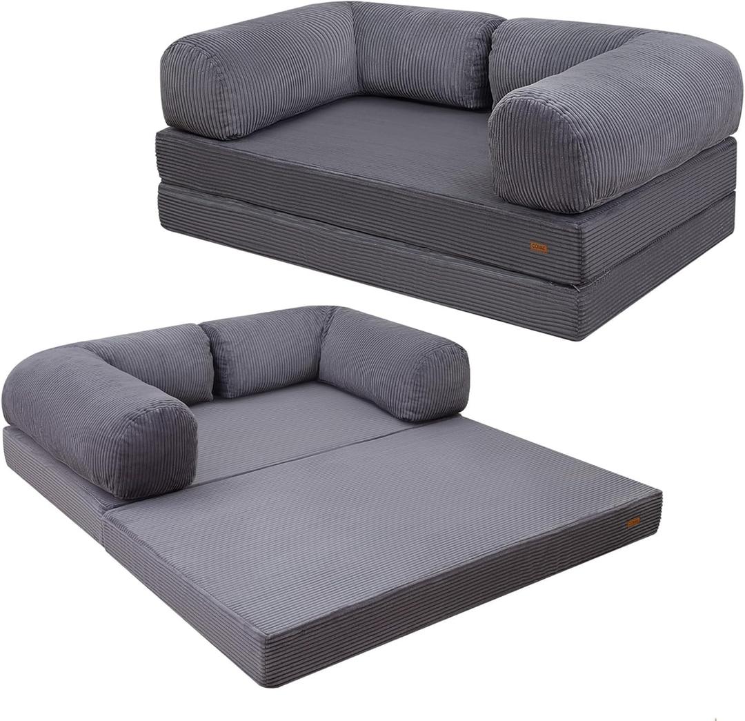 COMAX Folding Sofa Bed Convertible, 4-in-1 Foldable Floor Couch Futon Sofa with L-Shaped Armrests, Sleeper Mattress Chair Bed Comfy Portable Fold Out Lounge for Living Room Bedroom, Dark Grey, Queen