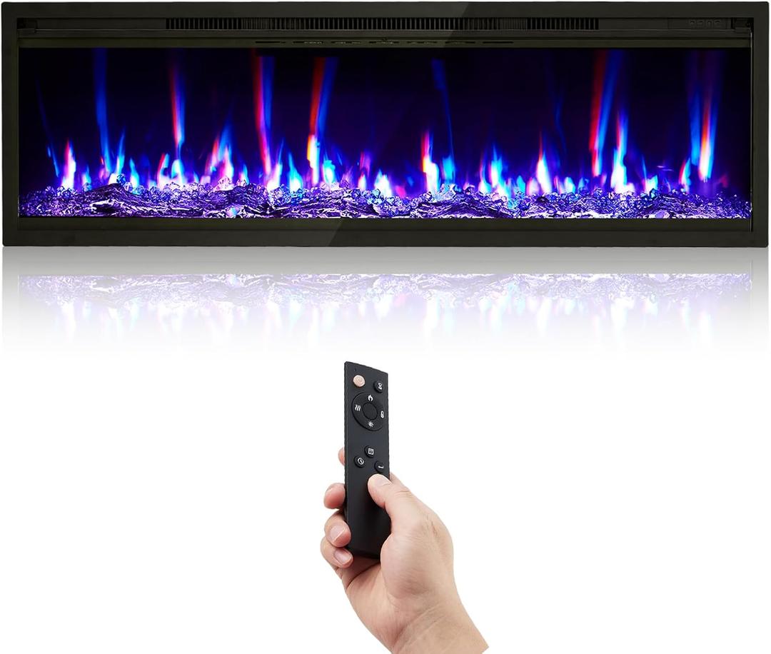 GarveeHome 50 in Electric Fireplace Wall Mounted/Recessed with Remote Control, 4.2 in Ultra-Thin Linear Fireplace Heater 750W/1500W with Timer, 12-Color Flames, Log & Crystal Options