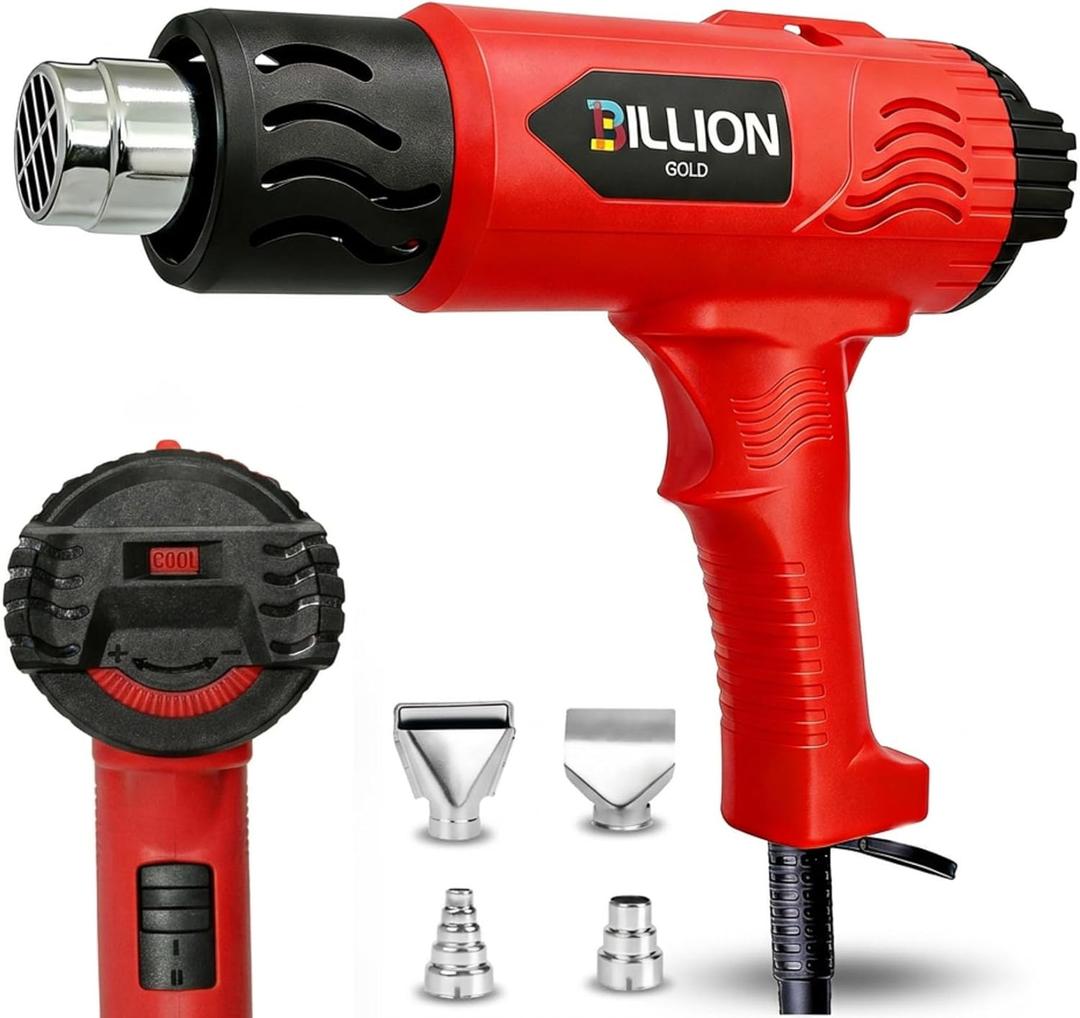 3D Grip Heat Gun 1800W - 120 to 1200 Dual Temperature Hot Air Gun Kit with 4 Nozzles - Black Red Professional Heat Shrink Gun for Crafts, Shrink Wrap, Electronics Repair