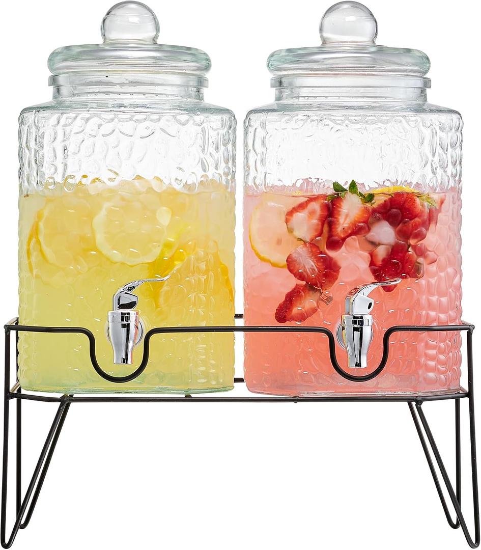 Style Setter Premium Glass Drink Dispensers with Metal Stand for Parties Beverage Dispenser Set for Cold Drinks, Lemonade, Cocktails, Juice Party Glass Drink Dispenser Station - 1.5 Gal, Set of 2