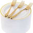 I00000 144 Small Plastic Dessert Plates Set Include 72 Pcs Gold Dessert Plates 7.5" with 72 Pcs Forks 7.5",Disposable Cake Plate,Fancy White Gold Plastic Small Plates for Party
