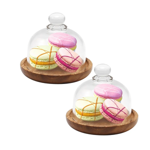 2 Pack Glass Domes with Wooden Base - 3.4 Inch Mini Cake Stand Cover for Dessert, Cheese, Candy, Plants & Succulents