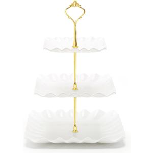 Coitak 3 Tier Cupcake Stand, Plastic Tiered Serving Stand, Square Dessert Tray for Tea Party, Birthday and Wedding (Pure White)