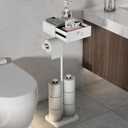 VOLDRA Toilet Paper Holder Stand with Shelf, Free Standing Toilet Paper Roll Holder with Wipes Storage Drawer Heavy Duty Floor Bathroom Tissue Holder Freestanding No Drill Tp Holder for 7 Rolls(White)