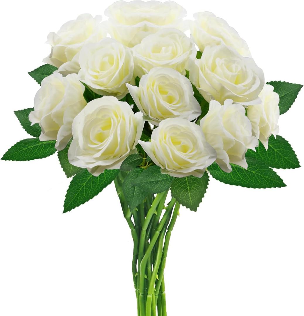 White Artificial Roses with Long Stems, 12Pcs Realistic Roses Artificial Flowers, Faux Roses | Bulk Fake Flowers for Home Decor, Wedding Party Table Centerpieces, DIY Bouquet