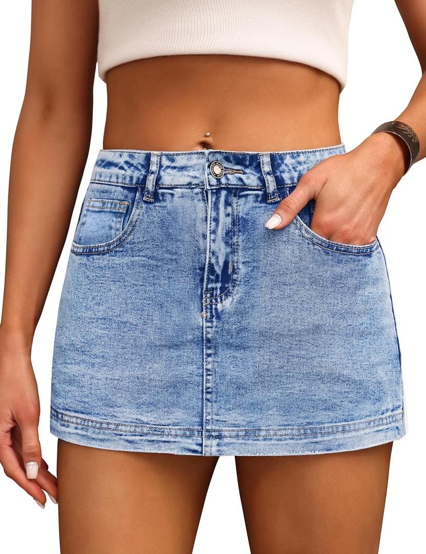 BISUAL Denim Skort for Women High Waist Mini Denim Skirt Casual Stretch Women Jean Skirt with Pockets (Small, Blue)