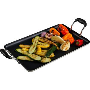 IMUSA 17x10in Aluminum Black Ceramic Double Burner Griddle with Cool Touch Handles, Nonstick Flat Grill Pan for Pancakes, Eggs, Bacon, and More, Black