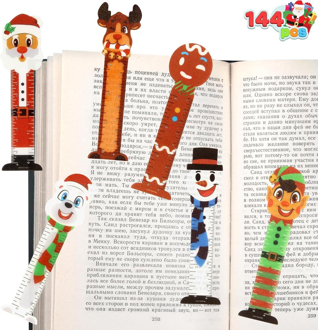 JOYIN 144 PCS Christmas Bookmark Rulers Bulk Party Favors with 6 Designs for Holiday Present Goodie Gift, Classroom Rewards for Kids, Student, Goody and Prizes