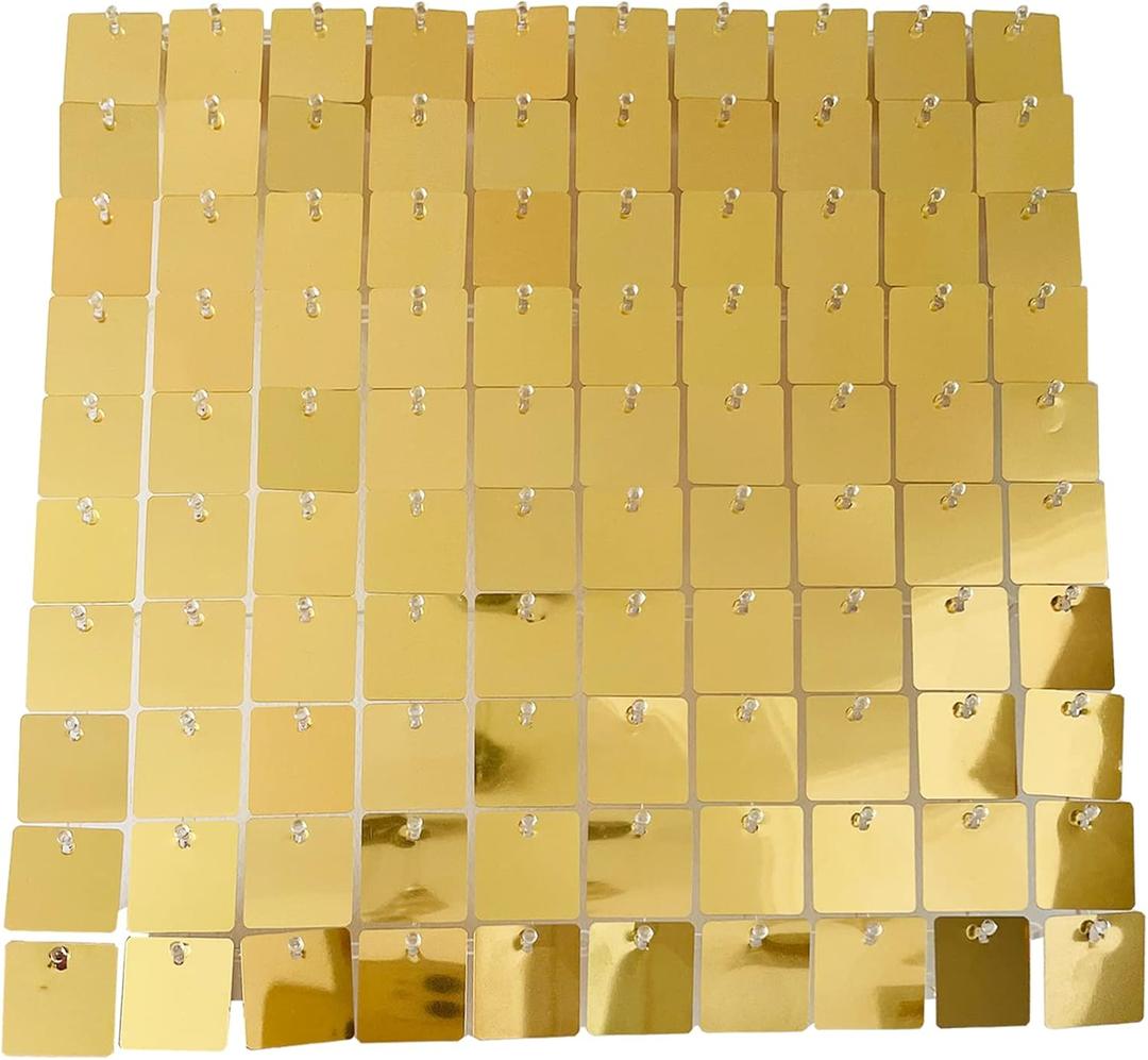 100 PCS Pack Mirror Light Gold Shimmer Wall Backdrop Sequin Panels Squares with Interlock Back Tiles for Events Home Decor Wedding Baby Shower Birthday Decoration (Mirror Light Gold)