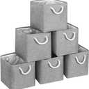 FinishingBo Large 11x11 Inch Cube Storage Bins with Cotton Handles for Closet, Shelves, Clothes, Towel (Gray-6 Pack)