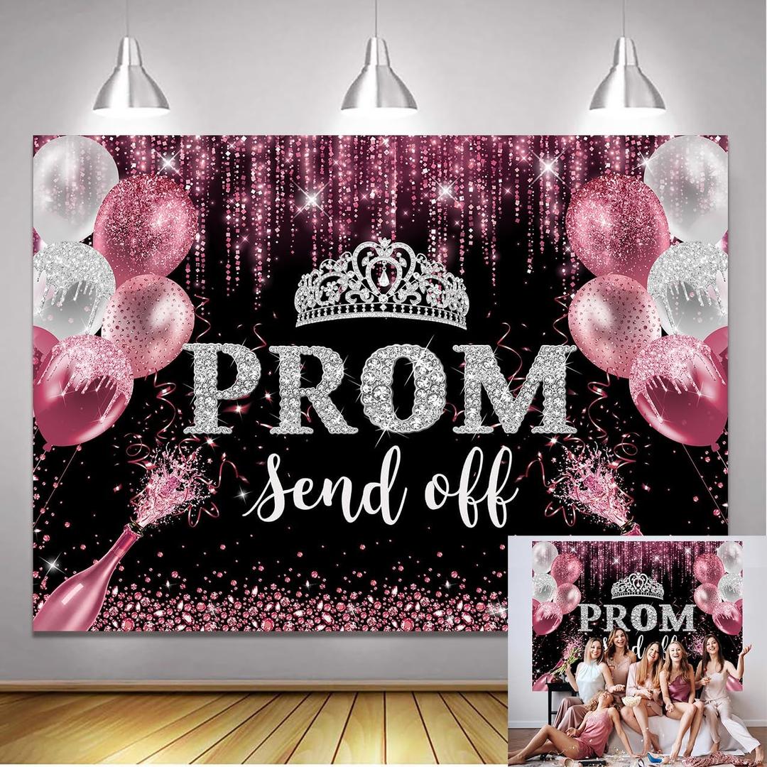 7x5ft Prom Send Off 2026 Backdrop Rose Gold Glitter Graduation Photography Background Congrats 2026 Grad Graduation Prom Night Party Photo Booth Supplies Banner