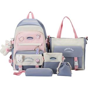 Set of 5 Kawaii Cute Backpacks Combo Set with Bear Pendant & Pins - Back To School Supplies Patchwork Bunny Daypack Bag Kit (Blue)