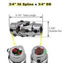 3/4" 36 Spline X 3/4" DD Steering Shaft U Joint Single Chrome Universal Joint Coupling, 3-1/4" Overall Length