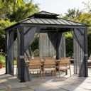 12'X12' Hardtop Gazebo, Outdoor Double Roof Galvanized Steel Gazebo, Aluminum Heavy-Duty Steel Top Canopy with Mosquito Net & Privacy Curtain for Patio, Porch, Garden, Lawn, Deck, Backyard,Gray