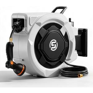 SUNPOW Retractable Garden Hose Reel - 1/2" x 100ft Wall Mounted Hose Reel with 3/4'' Brass Fitting & 10-Pattern Nozzle - Auto Slow Retraction, Any-Length Lock, 180Swivel for Lawn & Gardening