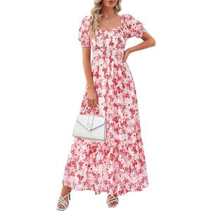 PRETTYGARDEN Women's Floral Boho Maxi Dresses Flowy Short Sleeve A Line Smocked Eyelet 2026 Summer Beach Vacation Clothes (Floral White Red)