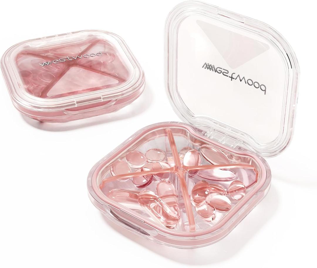 1 Pack Small Pink Pill Organizer, 4 Compartments, Compact Stylish Cute Travel Pill Box Holder Daily Medicine Pill Case Container, Portable to Store Vitamins, Medication and Supplements