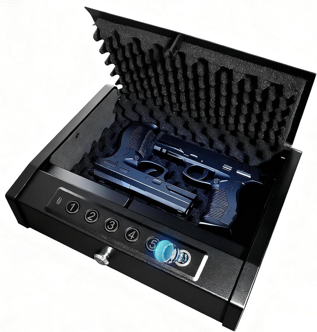 Biometric Gun Safe for Handgun  0.1s Quick Access Pistol Safe with Fingerprint, Backlit Keypad & Key Lock, Silent Mode, Interior Light, Portable Firearm Lock Box for Nightstand, Car, Home