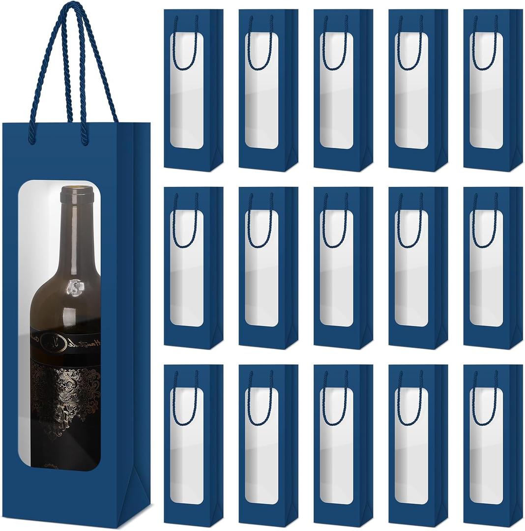 Tioncy 24 Pcs Valentines Day Single Bottle Gift Bag Bulk Wedding Champagne Boxes with Clear Window Handles Reusable Holiday New Year Party Favor (Business Blue)