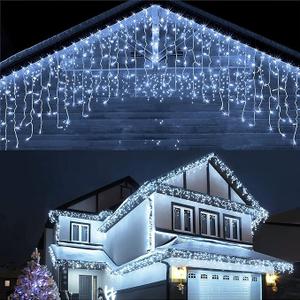 Techip Christmas Lights Outdoor, 360 LED Icicle Lights for Outside, Plug in Curtain String Lights with 8 Modes Waterproof for Patio Party Holiday Decorations Cool White