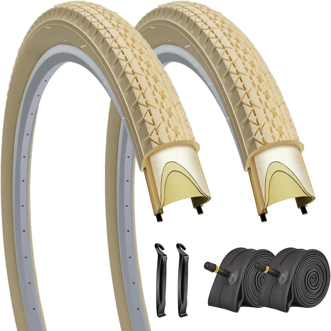 SIMEIQI 1 or 2 Pack 26"x2.125" Cruiser Beach Bike Tires Cream Color with or Without Inner Tubes 26"x1.75"/2.125" Replacement Folding Bicycle Tires for City Commuter Urban Pavement
