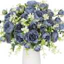 Floweroyal 4 Bunches Peony Artificial Flowers Teal Blue Flowers Silk Peonies Bouquets for Wedding Party Table Centerpieces Floral Arrangement Home Kitchen Decor