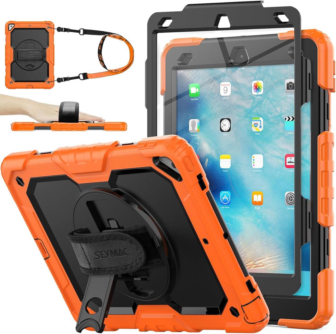 SEYMAC stock Case for iPad Air 3 2019 / Pro 10.5'' with Screen Protector Pen Holder [360 Rotate Hand Strap/Stand], Drop-Proof Case (Black+Orange)