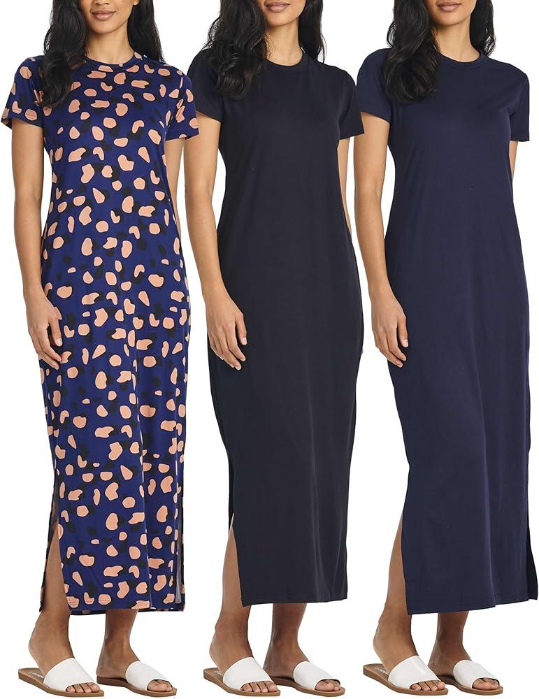 3-Pack: Women’s Casual Short Sleeve Maxi T-Shirt Dress – Summer Dress with Slit & Pockets. (3XL)