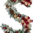 Christmas Garland for Front Door, 6 Foot Artificial Unlit Winter Garland with Pine Cones, Berry Clusters, Burgundy Ball Ornaments and Ribbon for Thanksgiving Holiday Christmas Decoration