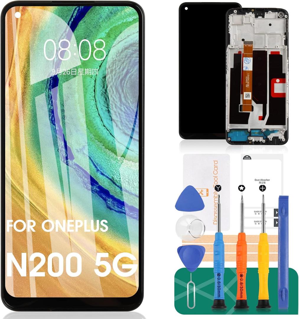 for OnePlus Nord N200 5G LCD Screen for OnePlus N200 5G Screen Replacement Nord N200 5G LCD Display DE2118 Touch Digitizer Assembly Compatible with DE2117 Repair Parts Kits(Black with Frame