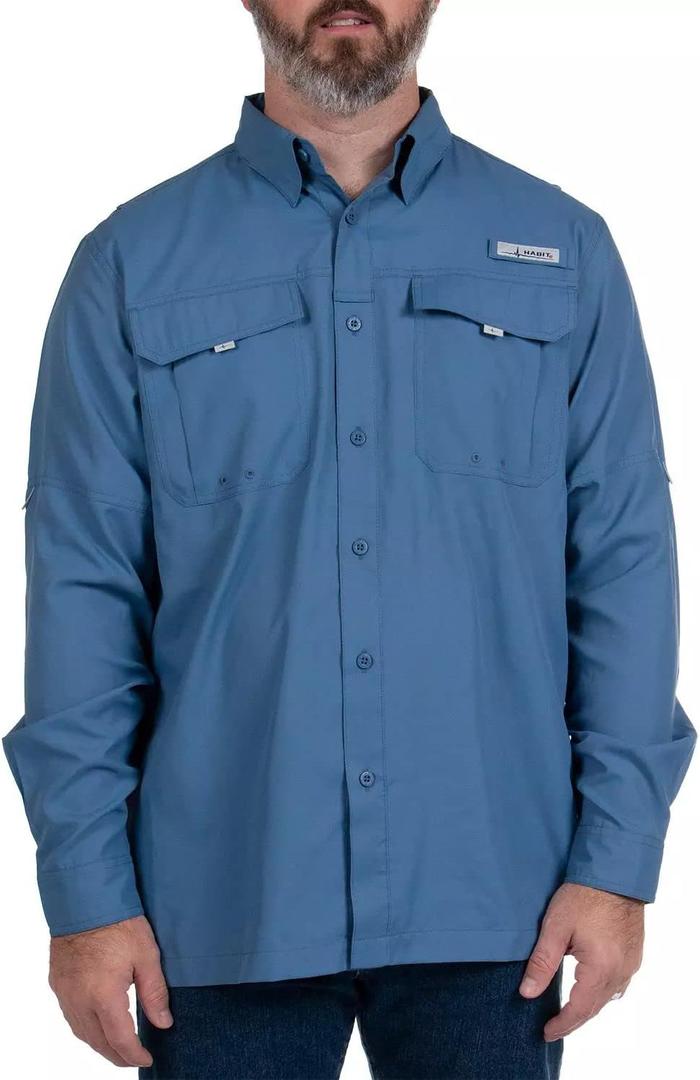 HABIT Men's Fourche Mountain Long Sleeve River Guide Fishing Shirt - UPF 40+ UV Protection (XX-Large, Moonlight Blue)
